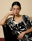 Carmela Flutter Sleeves Dress - Jacquard Blue / Black & White
