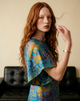 Carmela Flutter Sleeves Dress - Jacquard Blue / Black & White