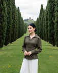 Grace Kelly Chiffon Shirt - White / Olive Green