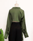 Mia Tie-Back Satin Shirt - Black / Olive Green