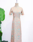 Signature Lace Cut-Out Cheongsam with Sleeves - Navy / Peach (Pre-Order)