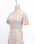 Signature Lace Cut-Out Cheongsam with Sleeves - Navy / Peach (Pre-Order)
