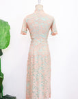 Signature Lace Cut-Out Cheongsam with Sleeves - Navy / Peach (Pre-Order)