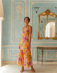 Lindsay Convertible Cape Maxi Cheongsam - Saffron Hibiscus / Black