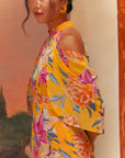 Lindsay Convertible Cape Maxi Cheongsam - Saffron Hibiscus / Black