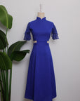 Signature Cut-Out Cheongsam with Lace Sleeves - Cobalt (Pre-Order)