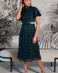 Signature Lace Cut-Out Cheongsam with Sleeves - Navy / Peach (Pre-Order)