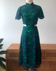 Signature Lace Cut-Out Cheongsam with Sleeves - Navy / Peach (Pre-Order)