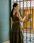 Colonial Cotton Voile Dress - White / Olive Green
