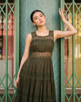Colonial Cotton Voile Dress - White / Olive Green