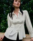 Grace Kelly Chiffon Shirt - White / Olive Green