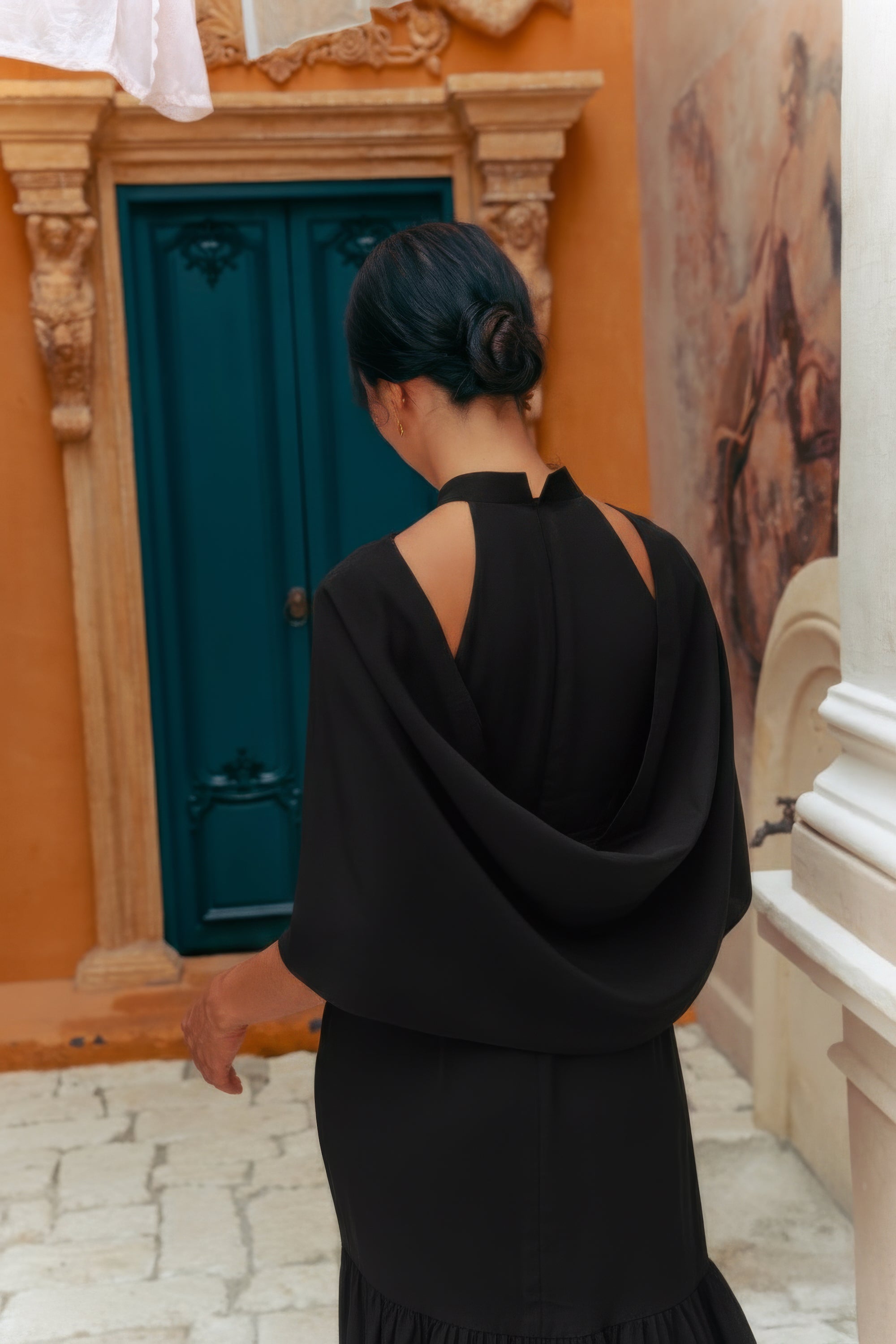 Lindsay Convertible Cape Maxi Cheongsam - Saffron Hibiscus / Black