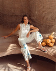 Cross Stitch Linen Pants - Blue / Multi-colour