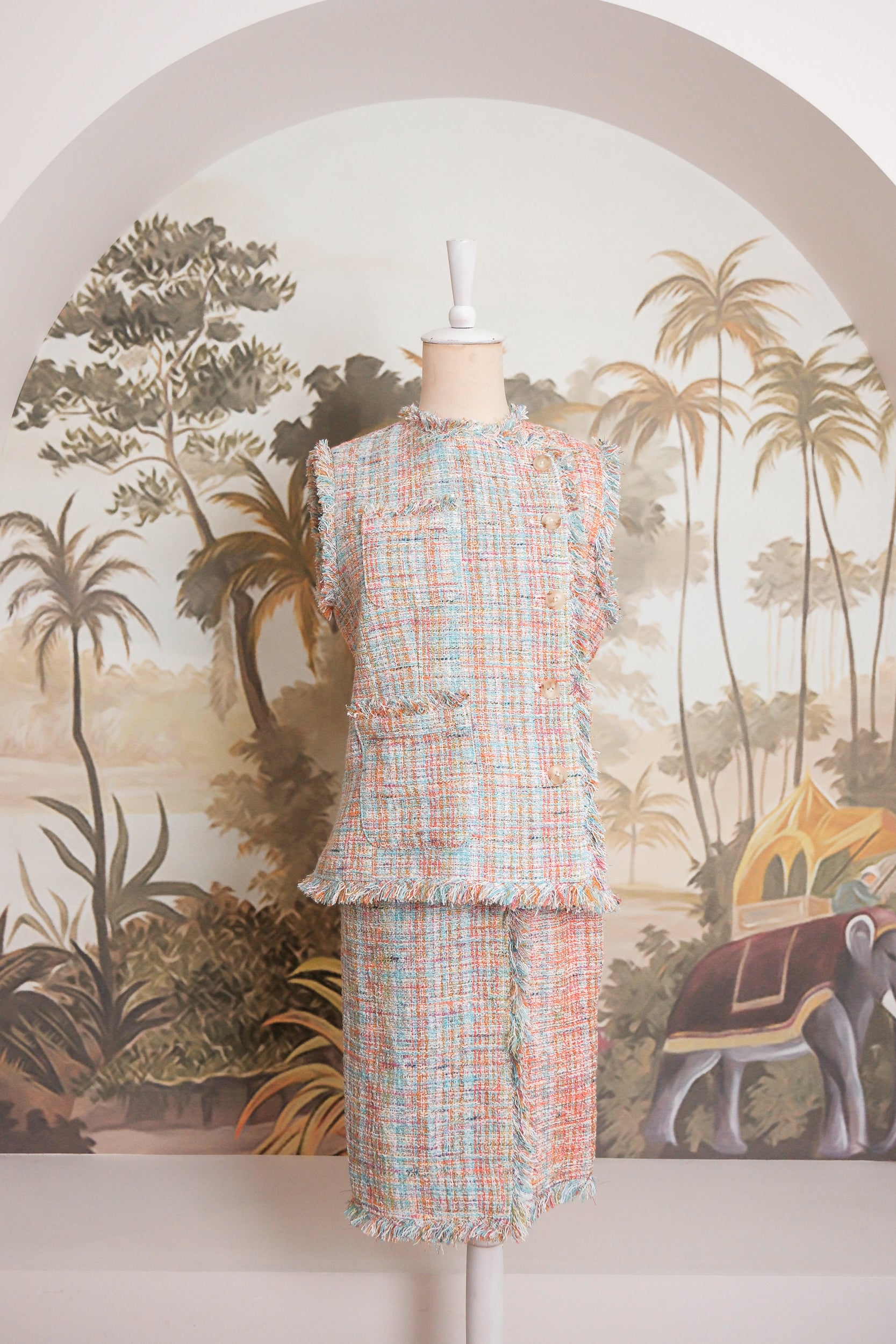 Roxette Tweed Skirt Set - Tangerine/ Turquoise