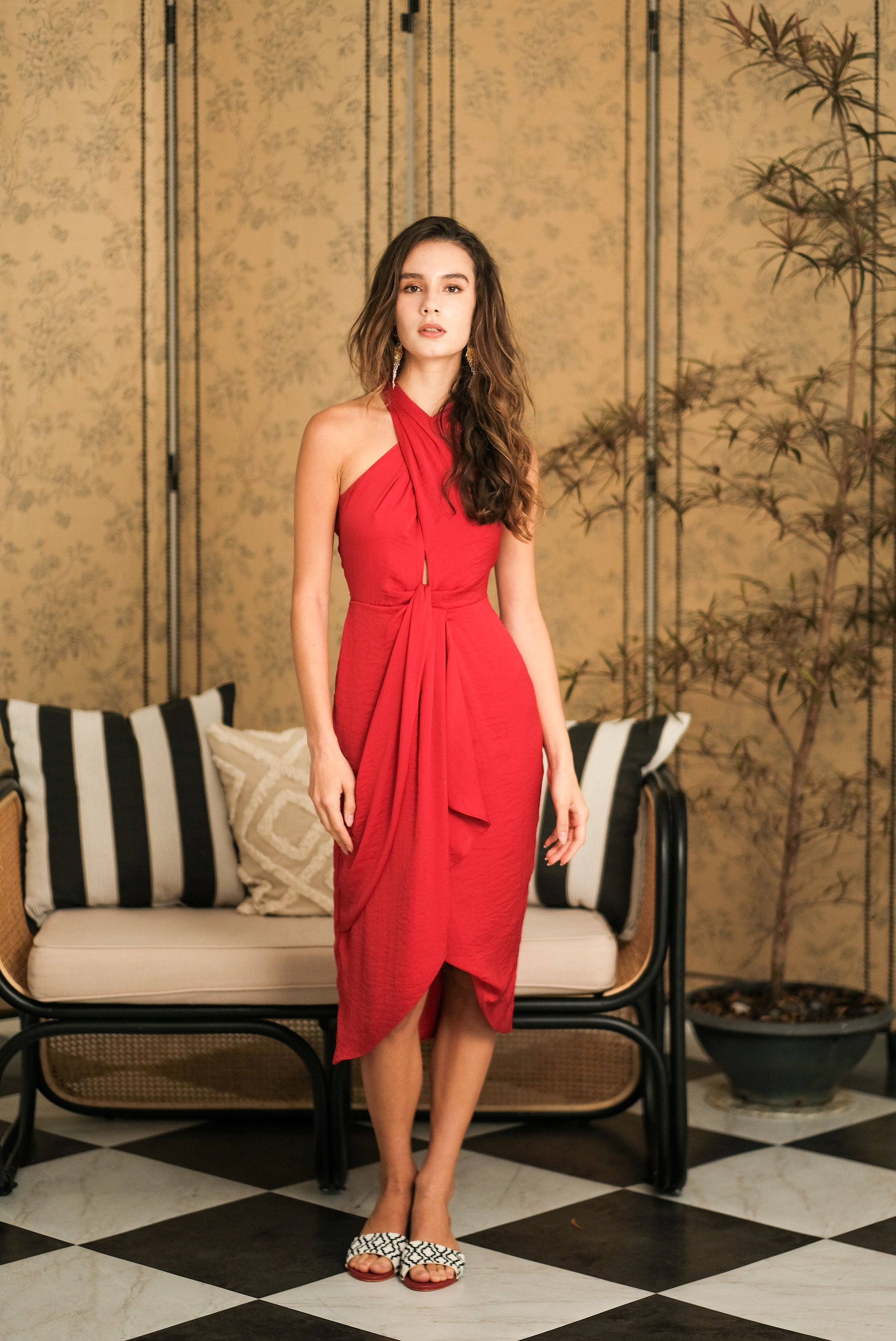 Clyo Halter Knot Dress - Red /Rose Pink