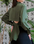 Mia Tie-Back Satin Shirt - Black / Olive Green