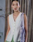 Hisa Pleated Cotton Vest - White / Black / Teal
