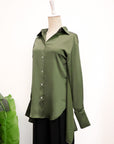 Mia Tie-Back Satin Shirt - Black / Olive Green