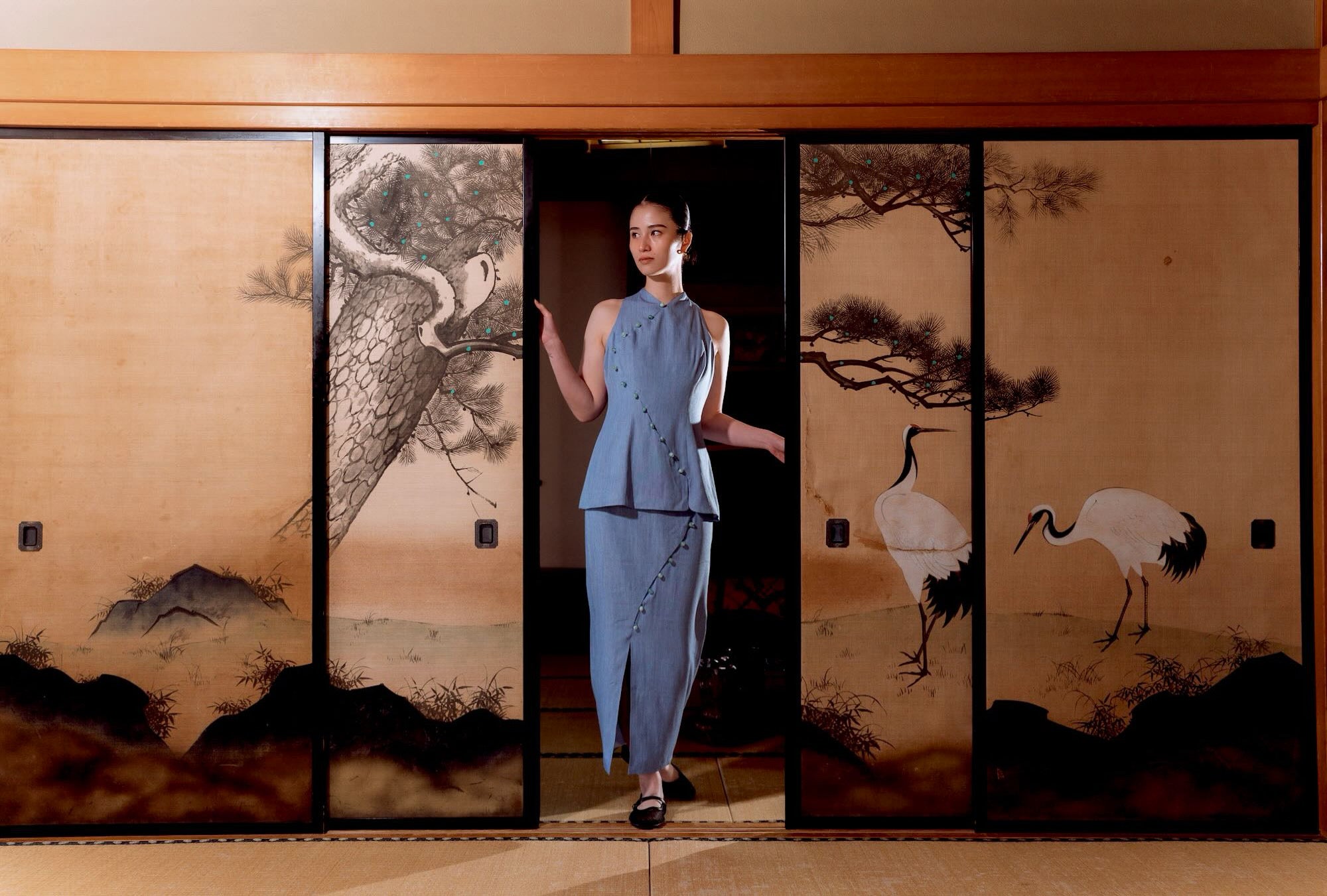 Tsuki Cheongsam Top - Dark / Light Chambray BACKORDER