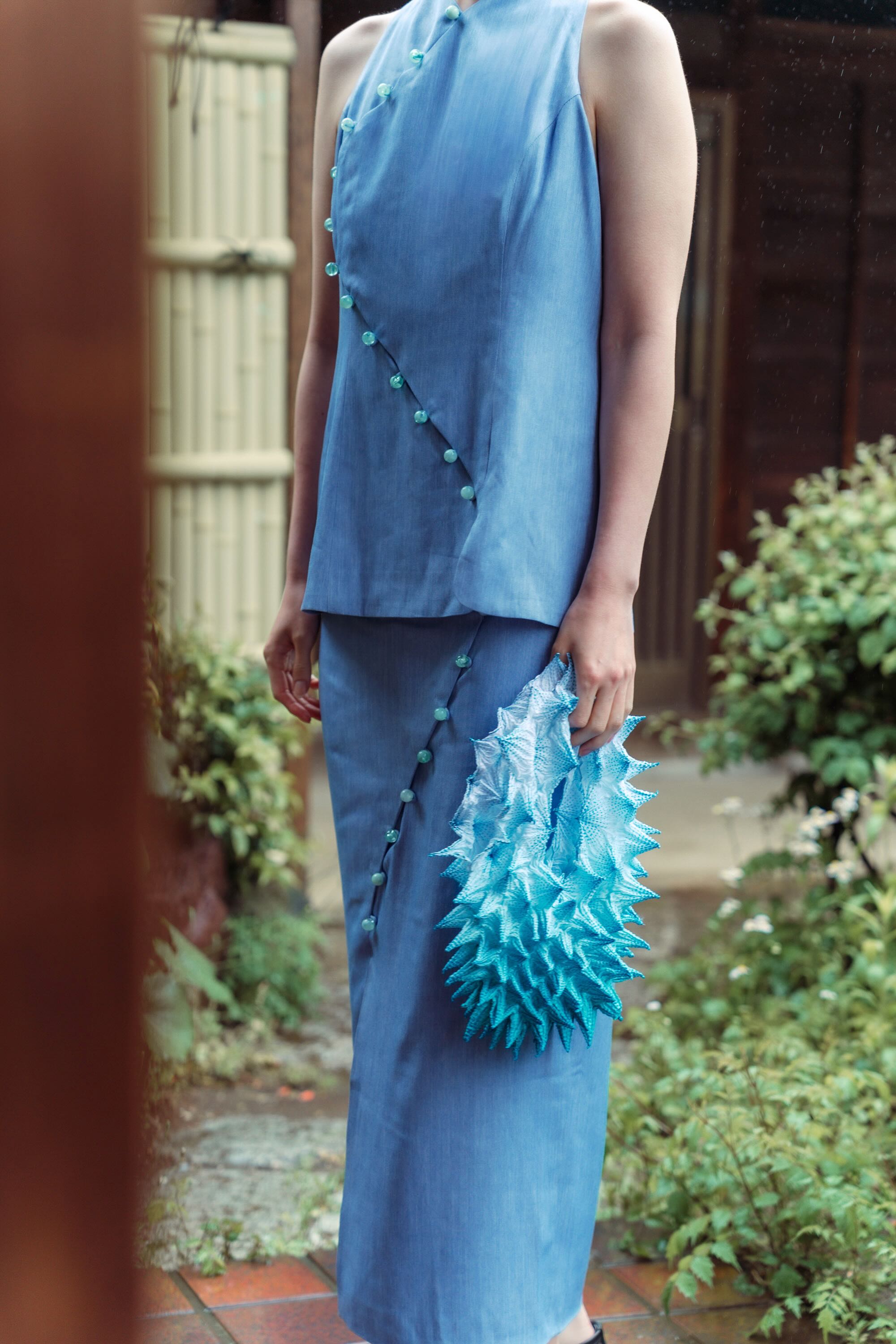 Tsuki Cheongsam Top - Dark / Light Chambray BACKORDER