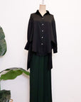 Mia Tie-Back Satin Shirt - Black / Olive Green