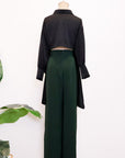Mia Tie-Back Satin Shirt - Black / Olive Green