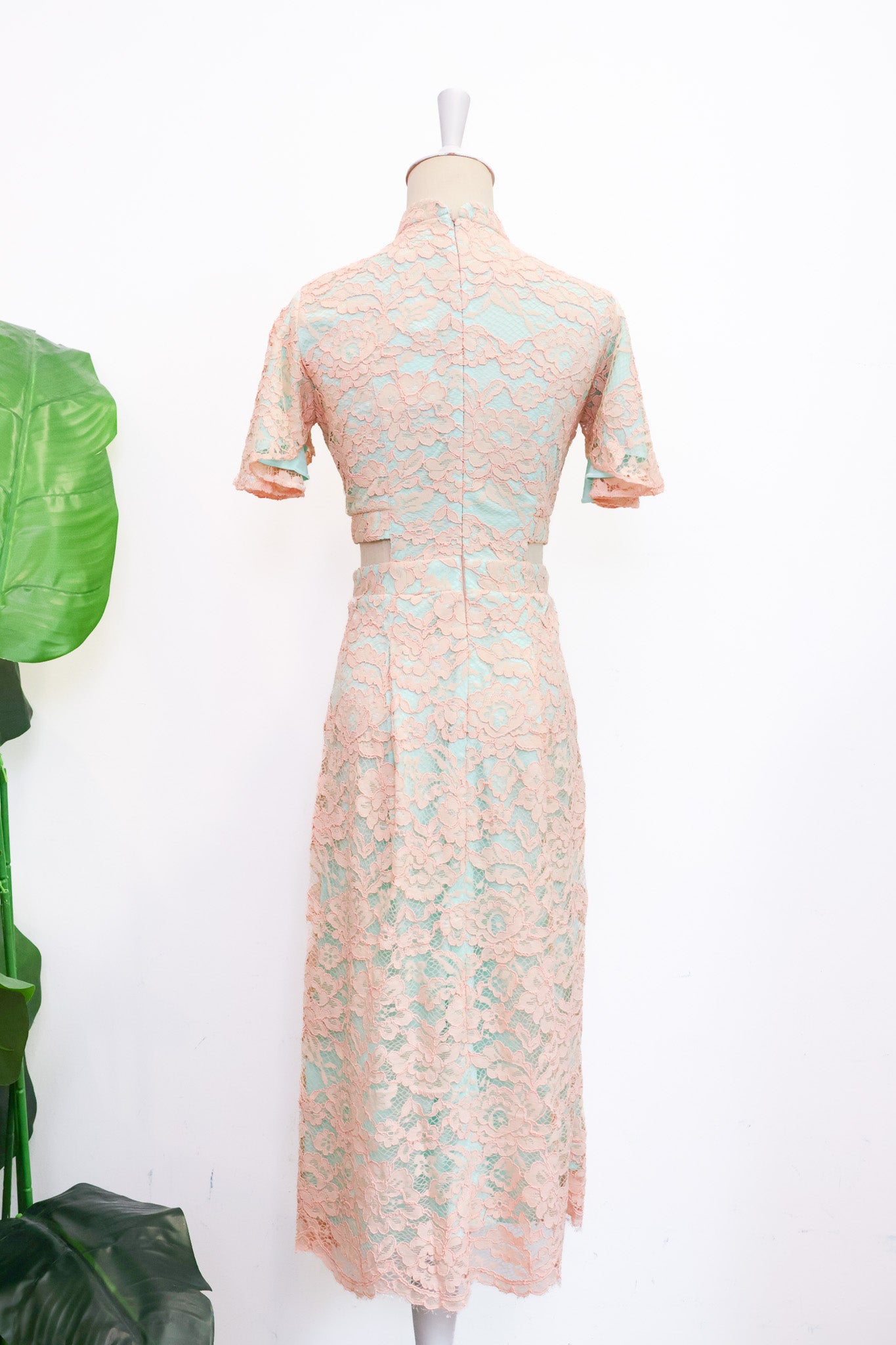 Signature Lace Cut-Out Cheongsam with Sleeves - Navy / Peach (Pre-Order)