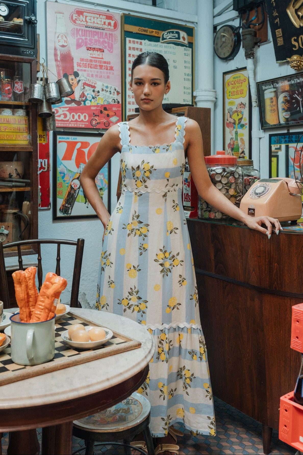 Limoncello Linen Maxi Dress - Lemons / Blue Floral