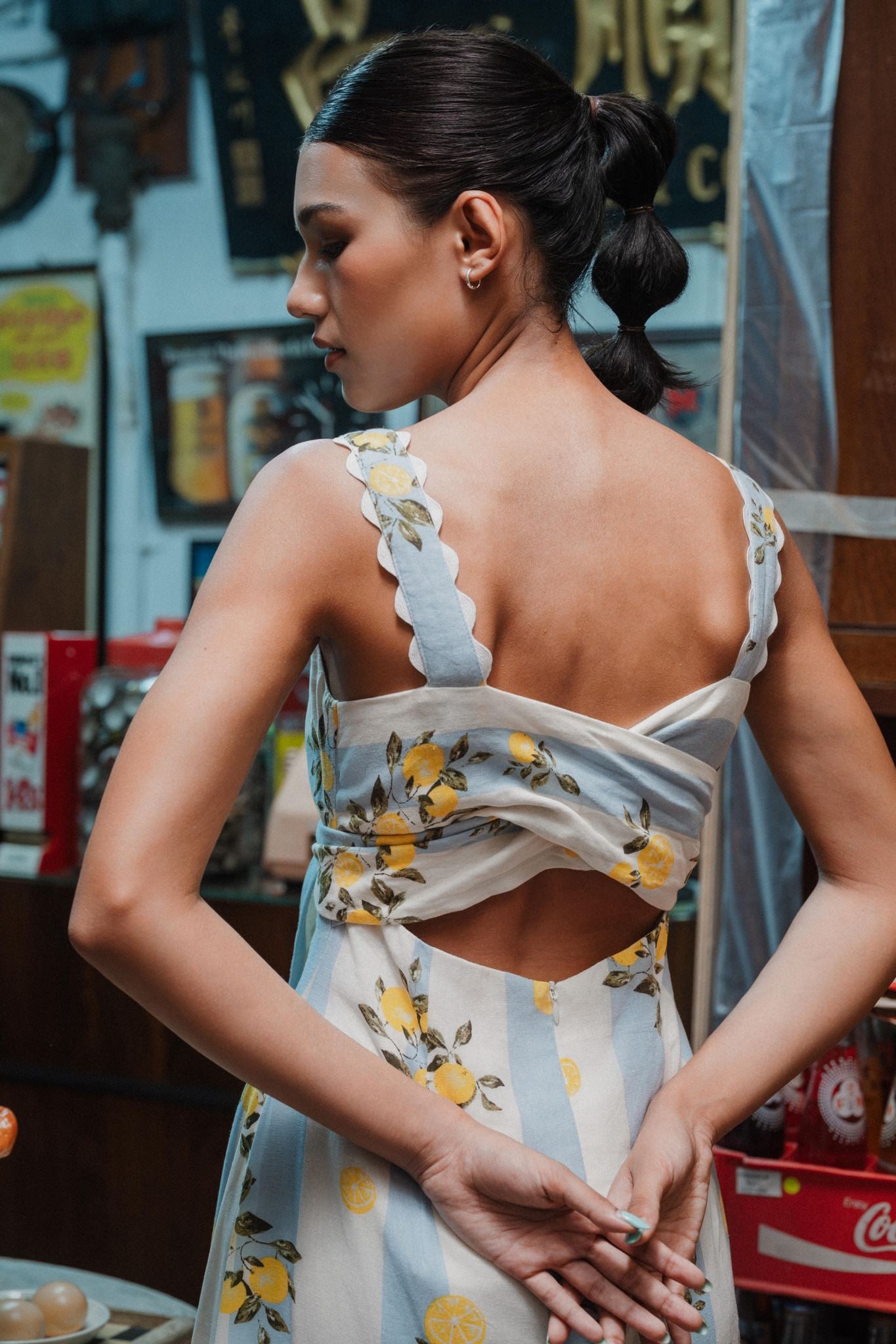 Limoncello Linen Maxi Dress - Lemons / Blue Floral
