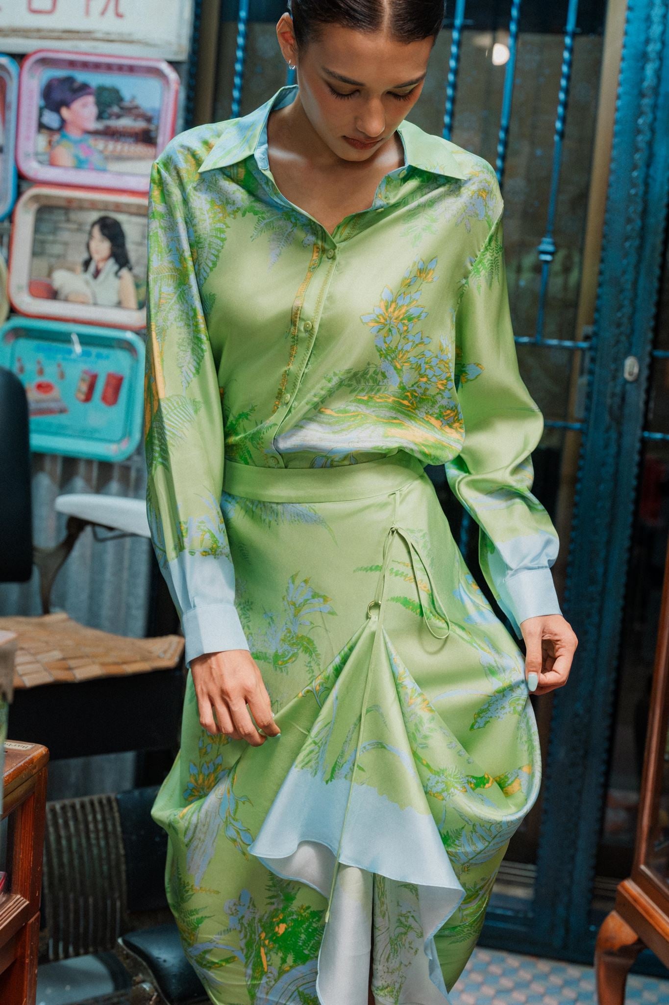 Fern Forest Silk Shirt - Green / Lilac