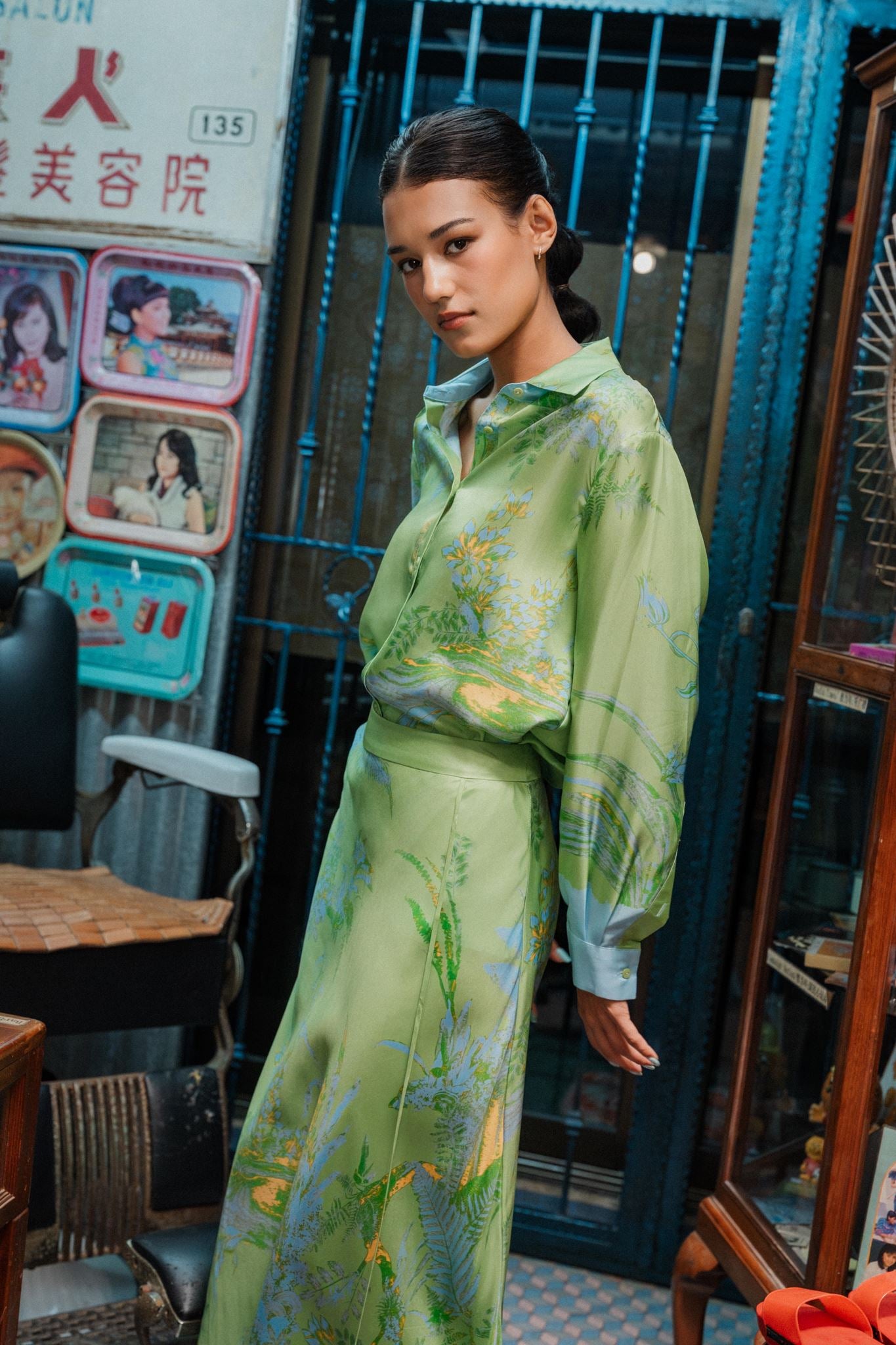 Fern Forest Silk Shirt - Green / Lilac