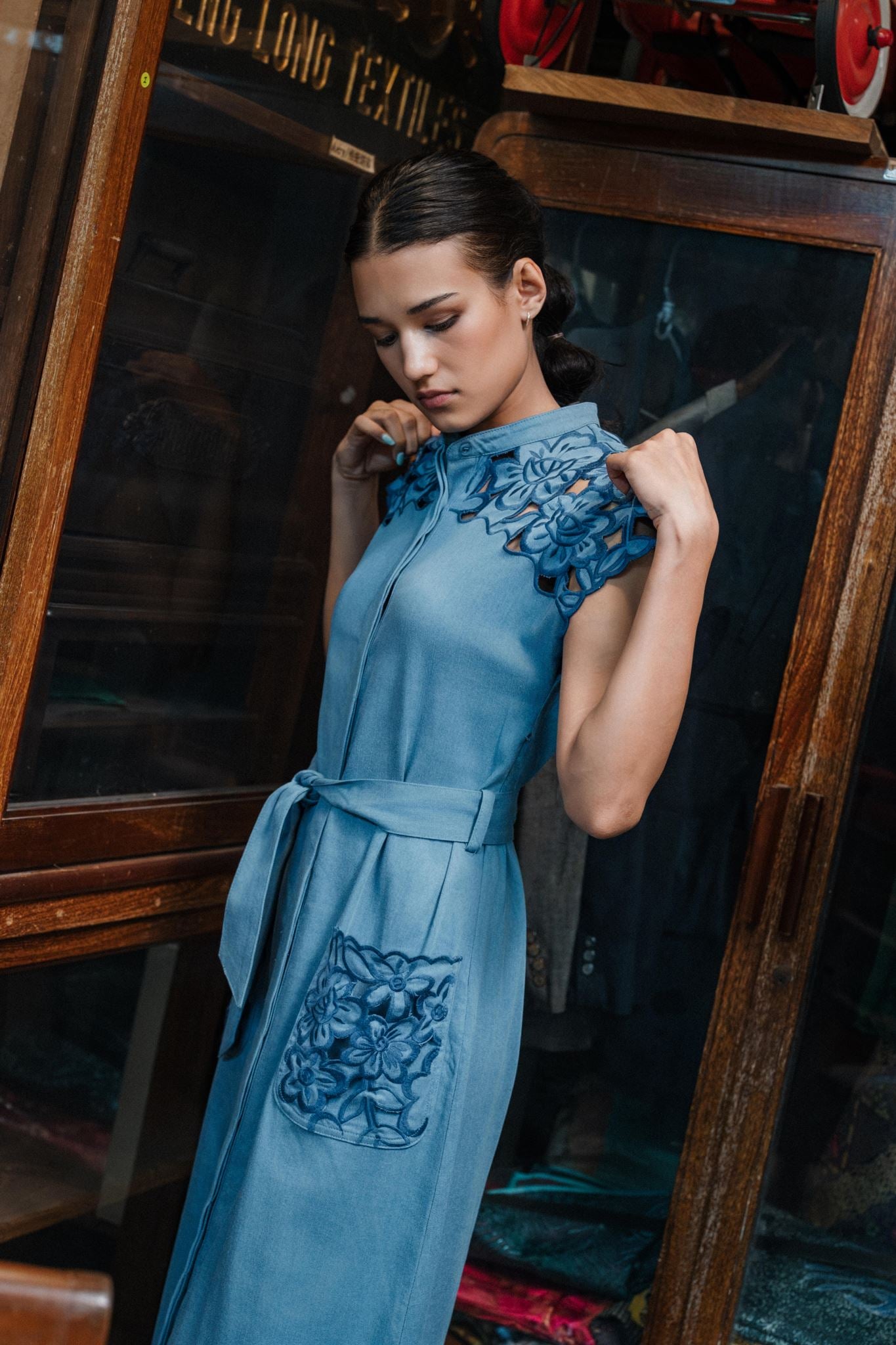 Ann Siang Embroidery Denim Dress Light/ Dark Chambray