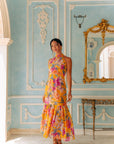 Lindsay Convertible Cape Maxi Cheongsam - Saffron Hibiscus / Black