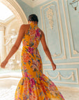 Lindsay Convertible Cape Maxi Cheongsam - Saffron Hibiscus / Black