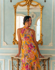 Lindsay Convertible Cape Maxi Cheongsam - Saffron Hibiscus / Black