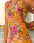 Lindsay Convertible Cape Maxi Cheongsam - Saffron Hibiscus / Black