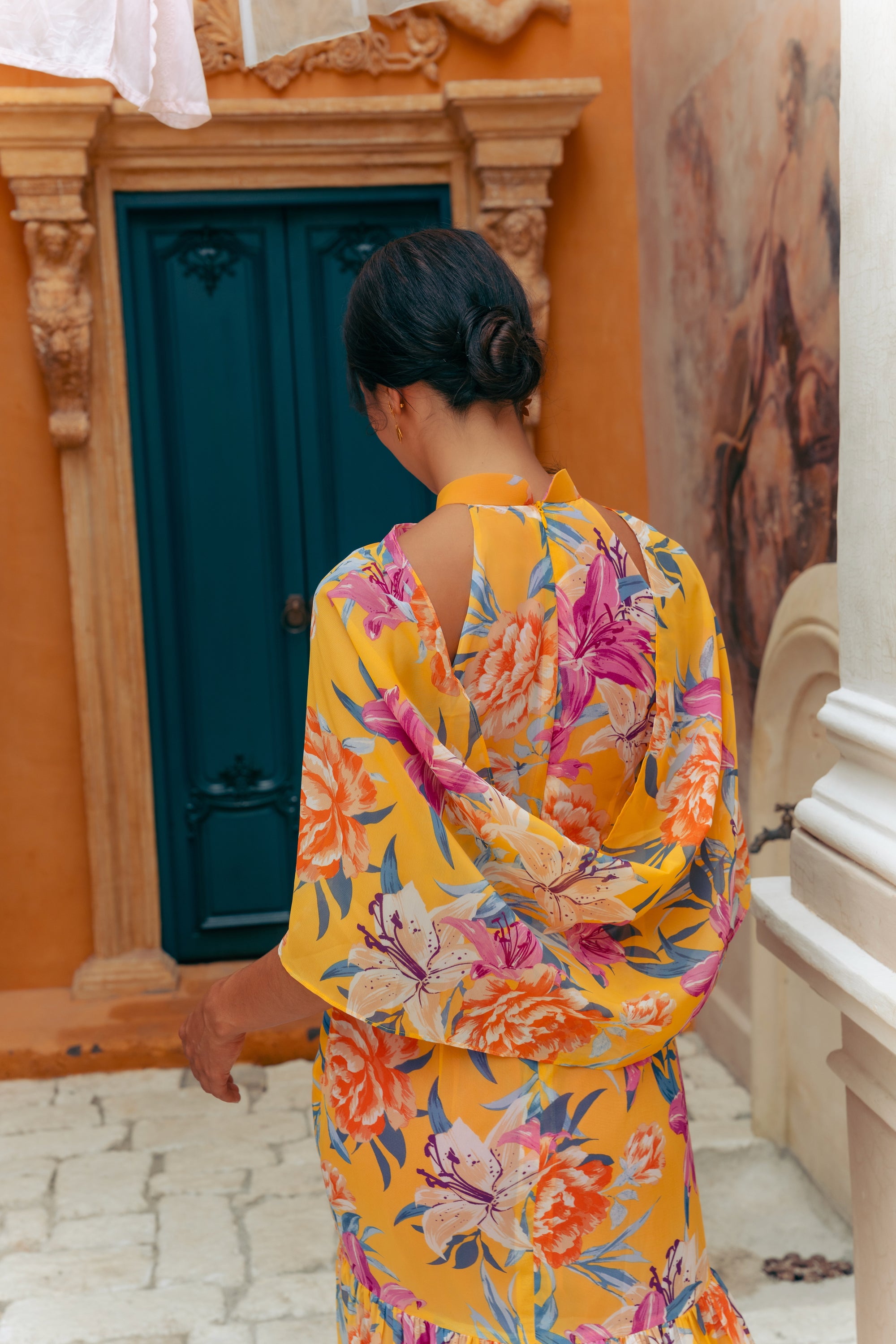 Lindsay Convertible Cape Maxi Cheongsam - Saffron Hibiscus / Black