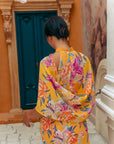 Lindsay Convertible Cape Maxi Cheongsam - Saffron Hibiscus / Black