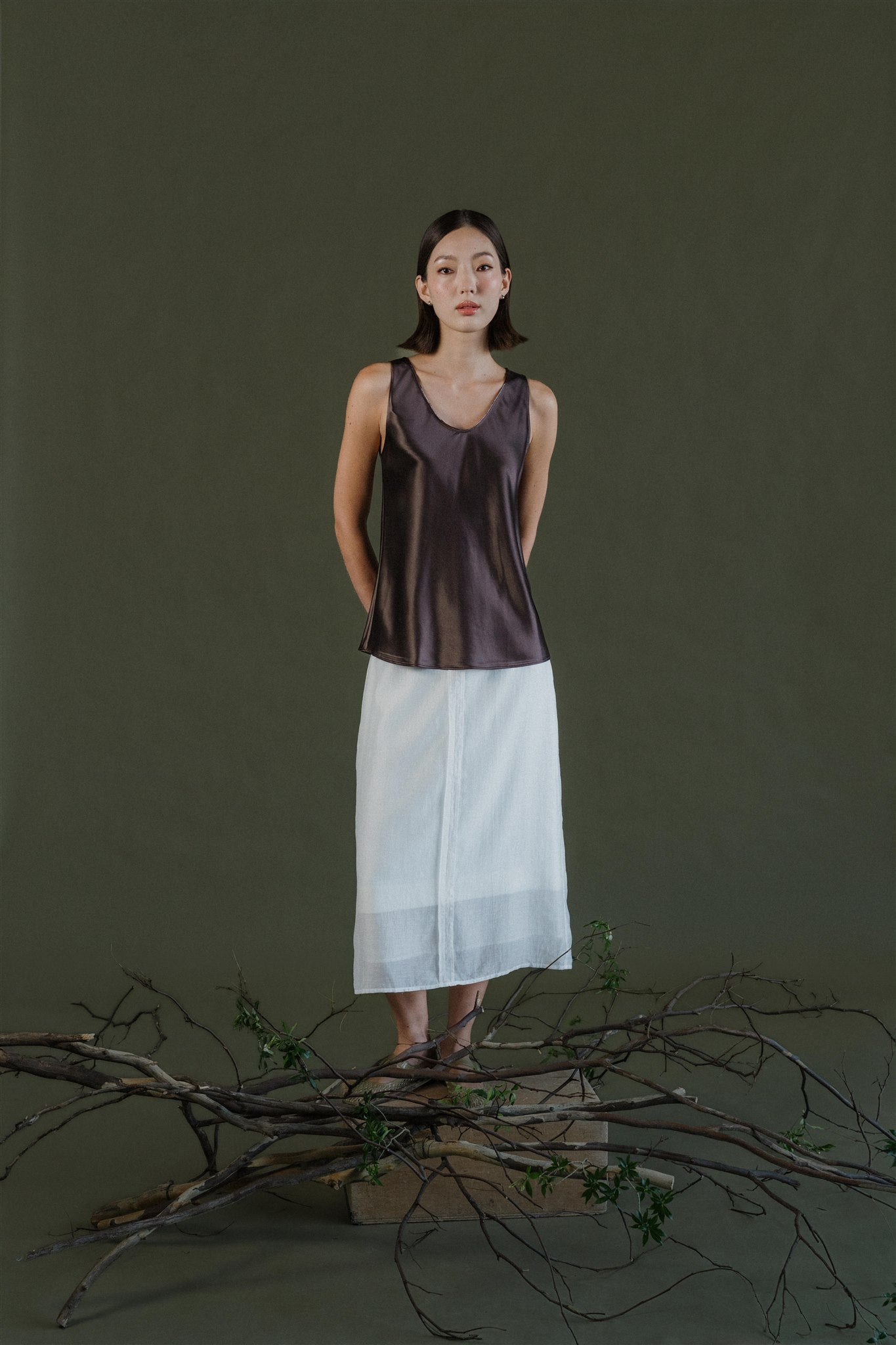 Mieko Beaded Satin Tank Top- Black / Ivory / Coffee Brown