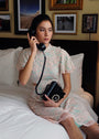 Signature Lace Cut-Out Cheongsam with Sleeves - Navy / Peach (Pre-Order)