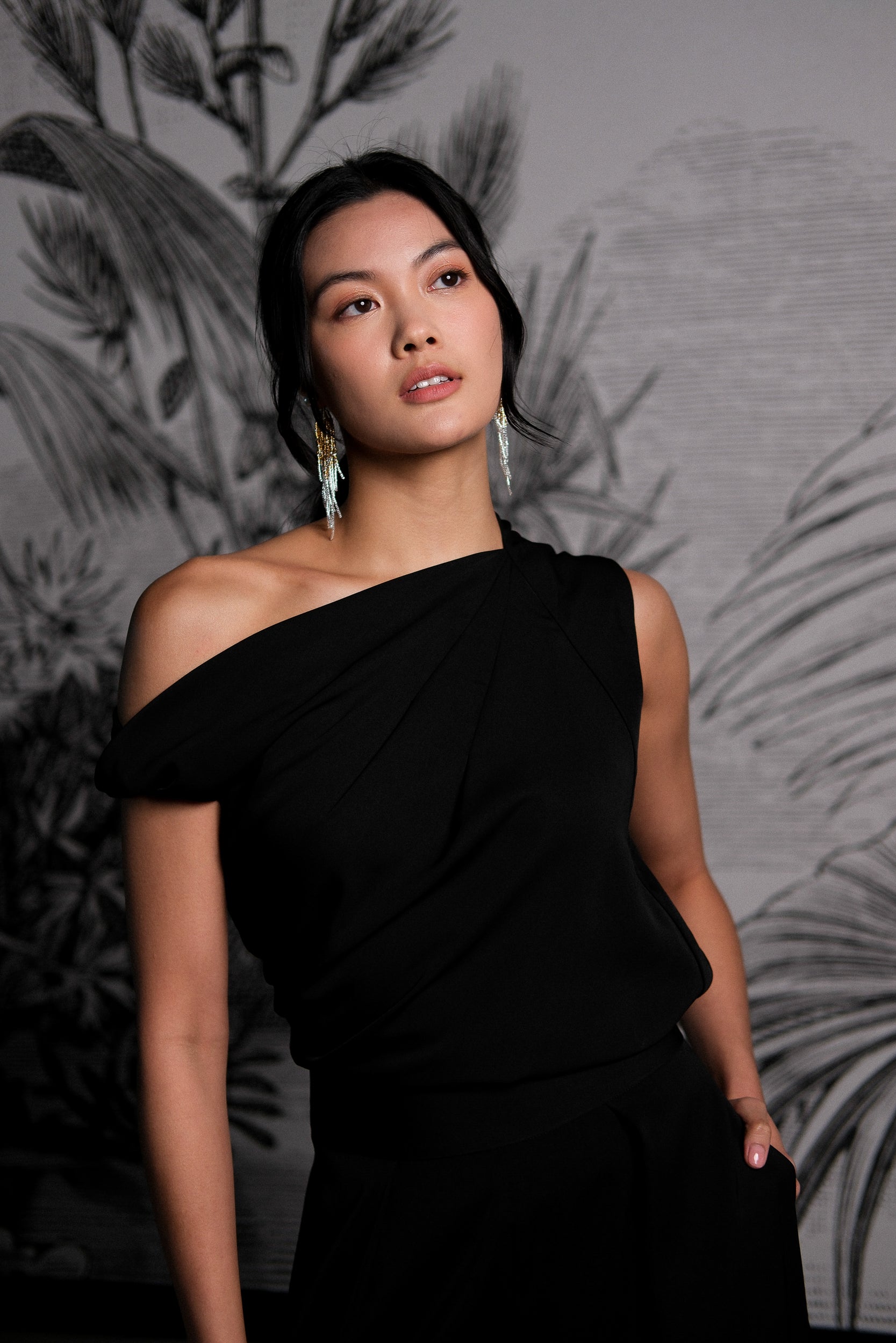 Asymmetrical Off-Shoulder Top -  Forest Green / Fuchsia / Black (Pre-Order)
