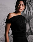 Asymmetrical Off-Shoulder Top -  Forest Green / Fuchsia / Black (Pre-Order)