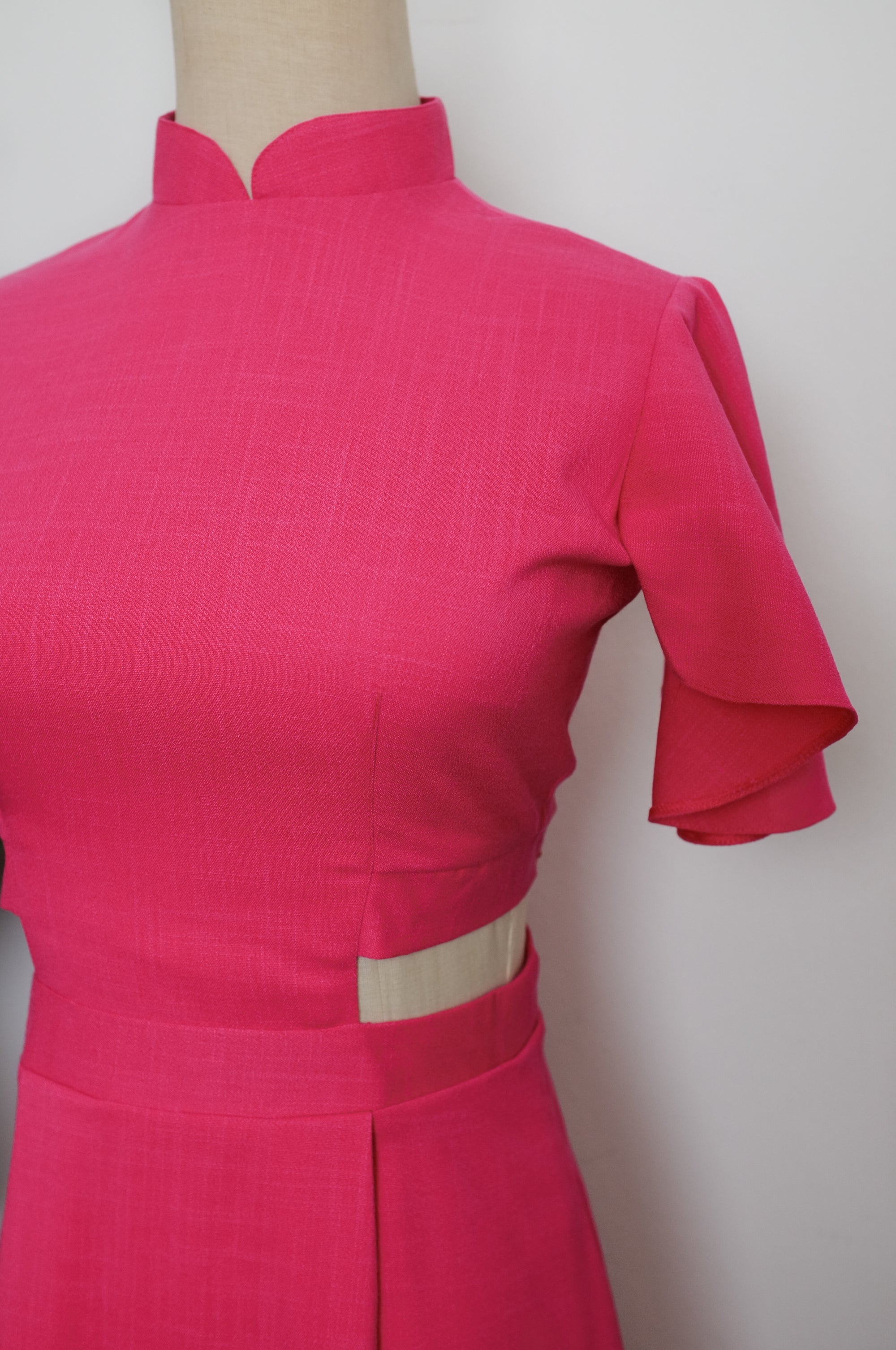 Signature Cut-Out Cheongsam with Sleeves - Fuchsia