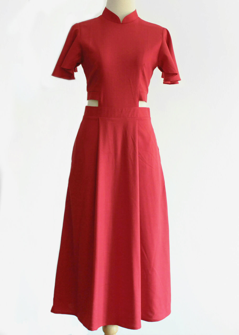 Signature Cut-Out Cheongsam with Sleeves - Red (Pre-Order)