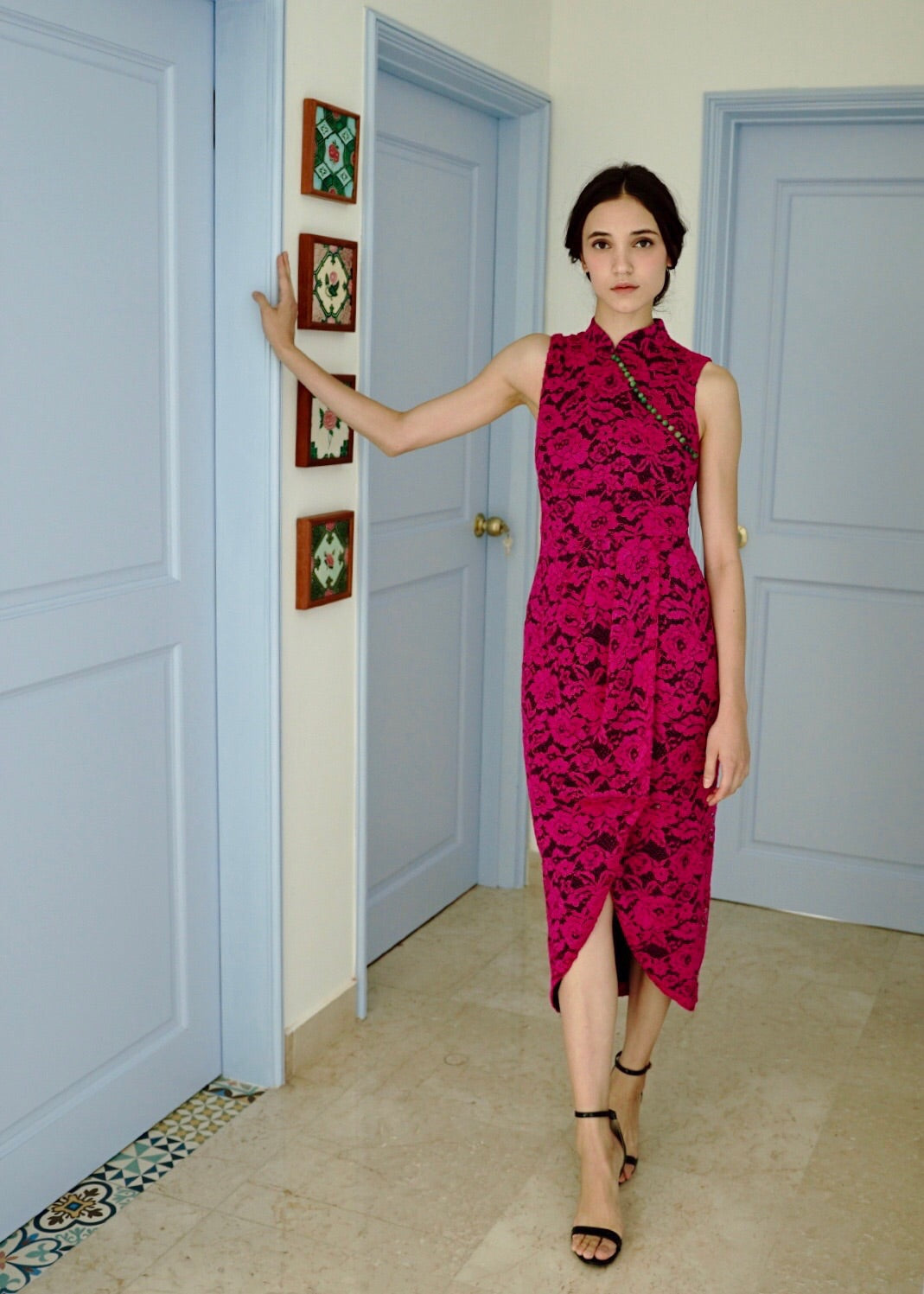 Signature Lace Cheongsam (Midi) - Fuchsia / Peach / Navy (Pre-Order)