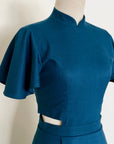 Signature Cut-Out Cheongsam with Sleeves - Fall Blue (Pre-Order)